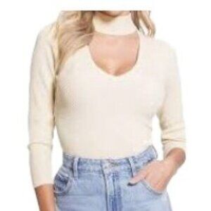Guess Long Sleeve Cutout Sequin Ribbed Top in Cream Small NWT